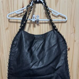 Women’s Black Faux Leather Shoulder Bag With Gold Studs Accents